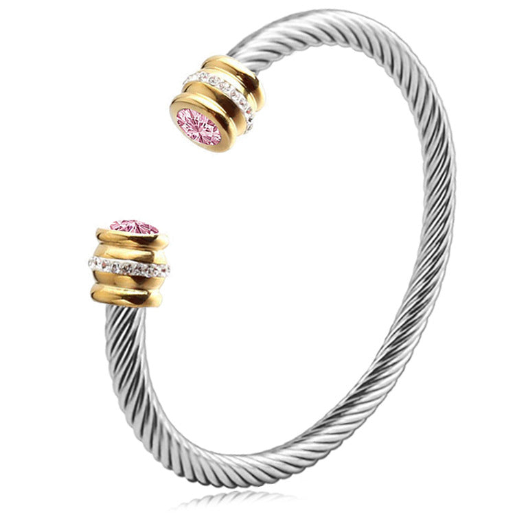simple style solid color stainless steel inlay zircon cuff bracelets