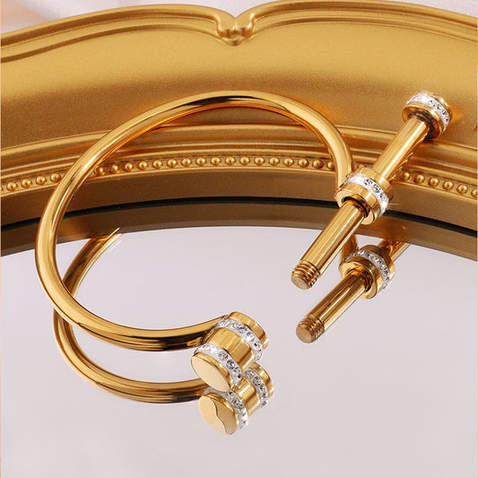 Roman Style Solid Color 304 Stainless Steel 18K Gold Plated Rhinestones Bangle In Bulk