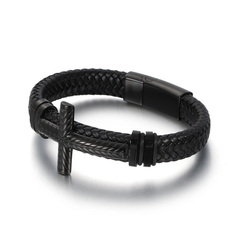 fashion cross rectangle stainless steel pu leather braid unisex bracelets
