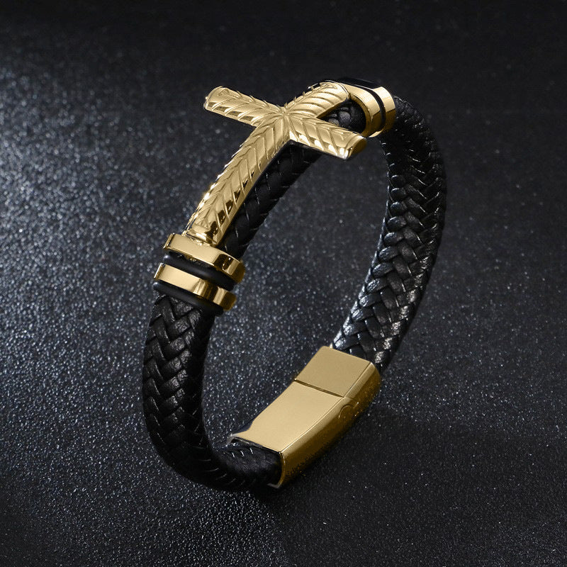 fashion cross rectangle stainless steel pu leather braid unisex bracelets