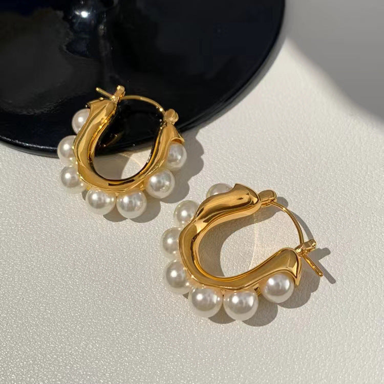 1 pair simple style u shape plating inlay stainless steel artificial pearls 14k gold plated ear studs
