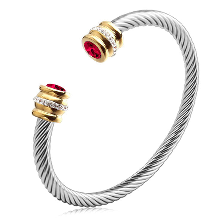 simple style solid color stainless steel inlay zircon cuff bracelets