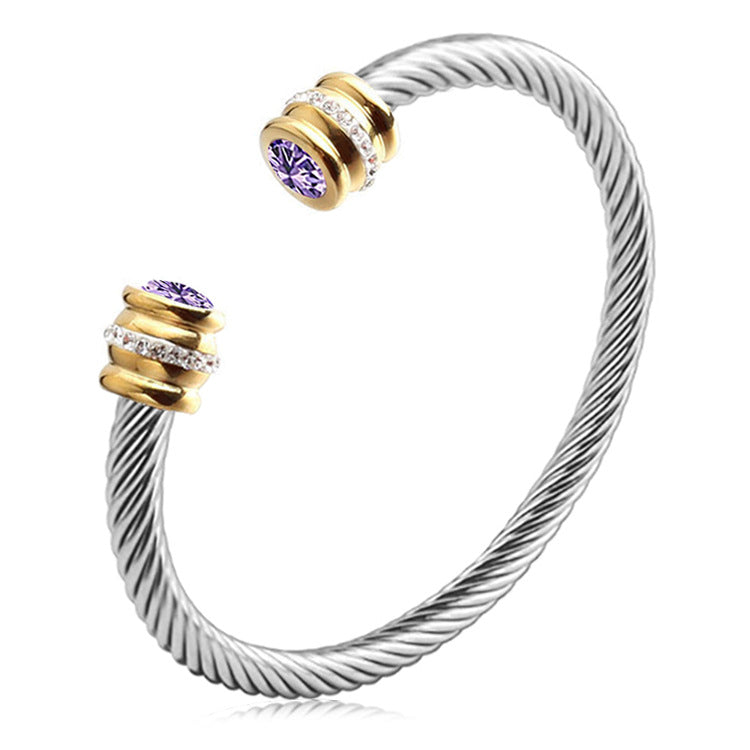 simple style solid color stainless steel inlay zircon cuff bracelets