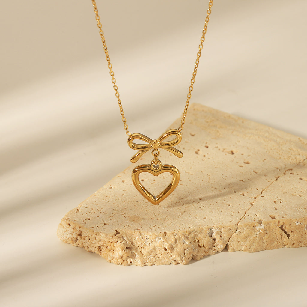 304 Stainless Steel 14K Gold Plated Sweet Commute Heart Shape Bow Knot Earrings Necklace Jewelry Set