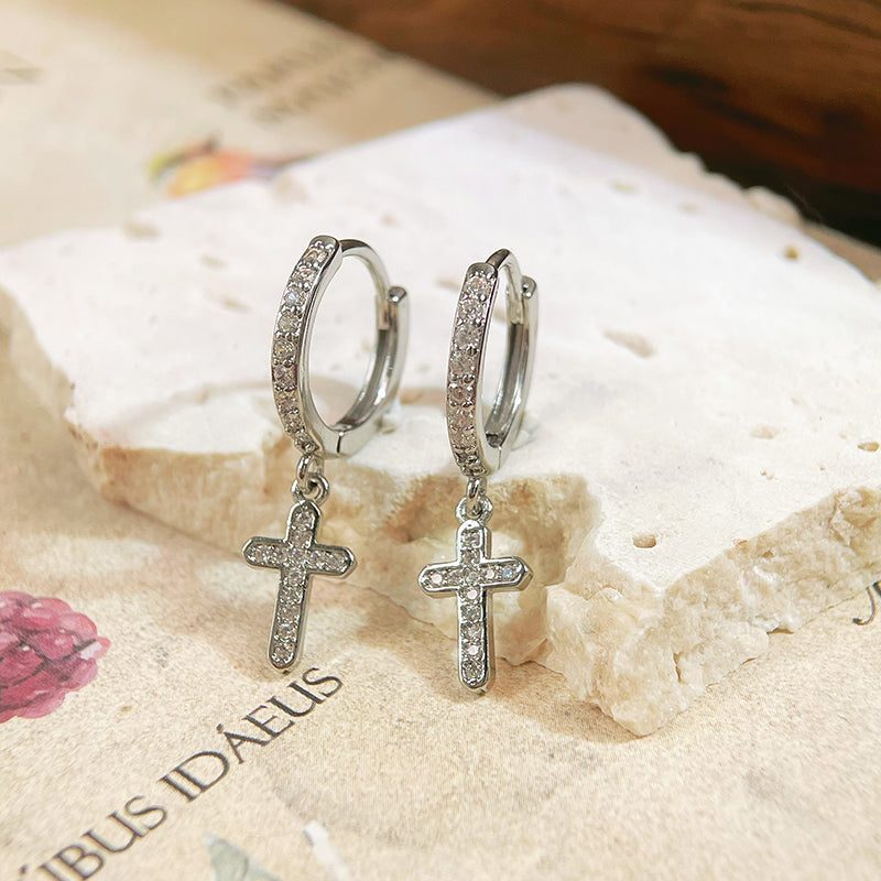 1 pair simple style cross copper zircon drop earrings