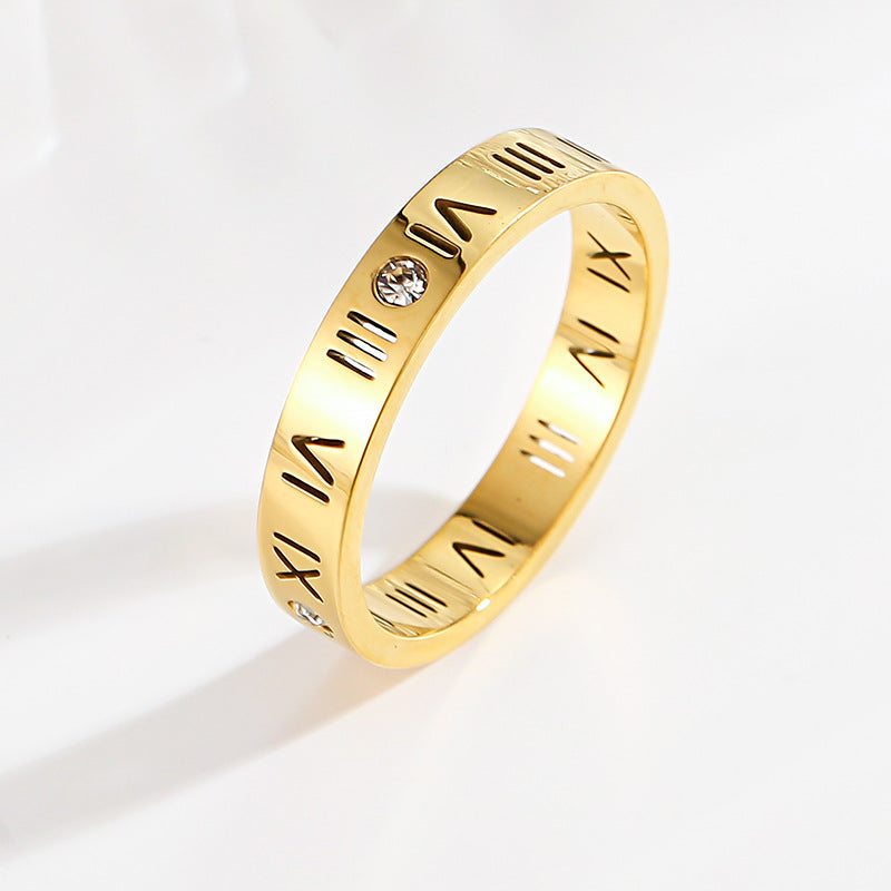 Titanium Steel Simple Style Plating Hollow Out Inlay Roman Numeral Zircon Rings