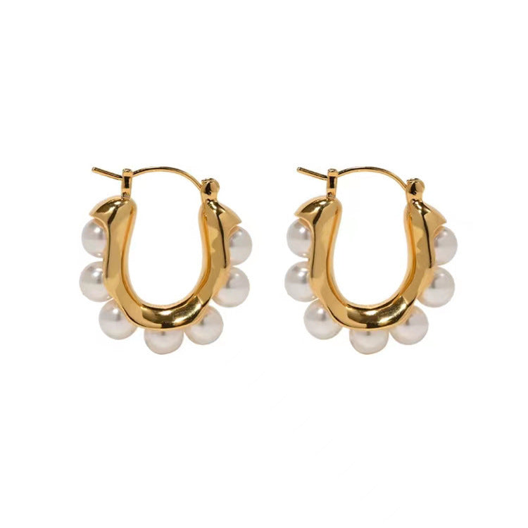 1 pair simple style u shape plating inlay stainless steel artificial pearls 14k gold plated ear studs