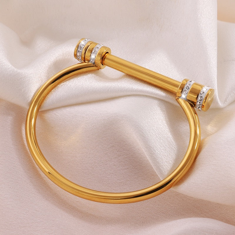 Roman Style Solid Color 304 Stainless Steel 18K Gold Plated Rhinestones Bangle In Bulk