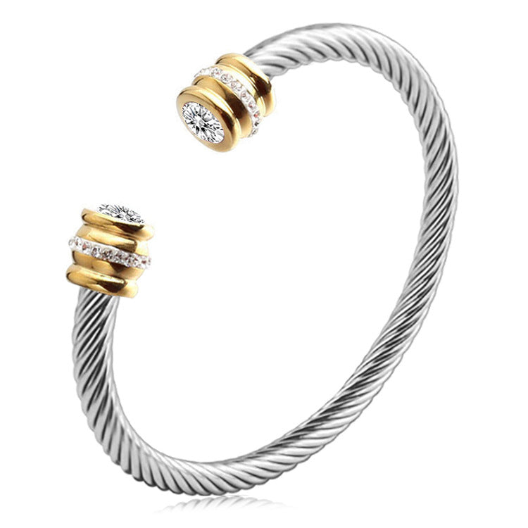 simple style solid color stainless steel inlay zircon cuff bracelets