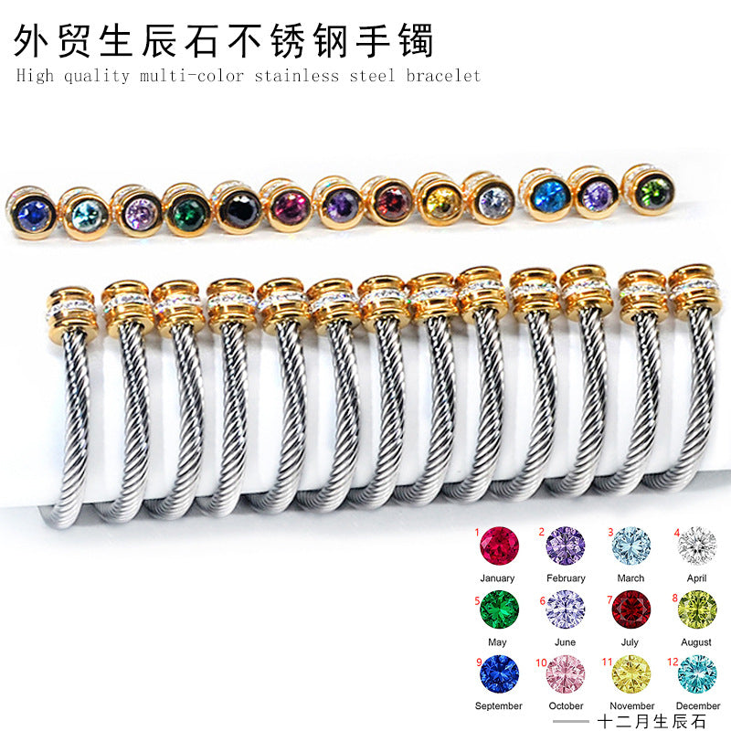 simple style solid color stainless steel inlay zircon cuff bracelets