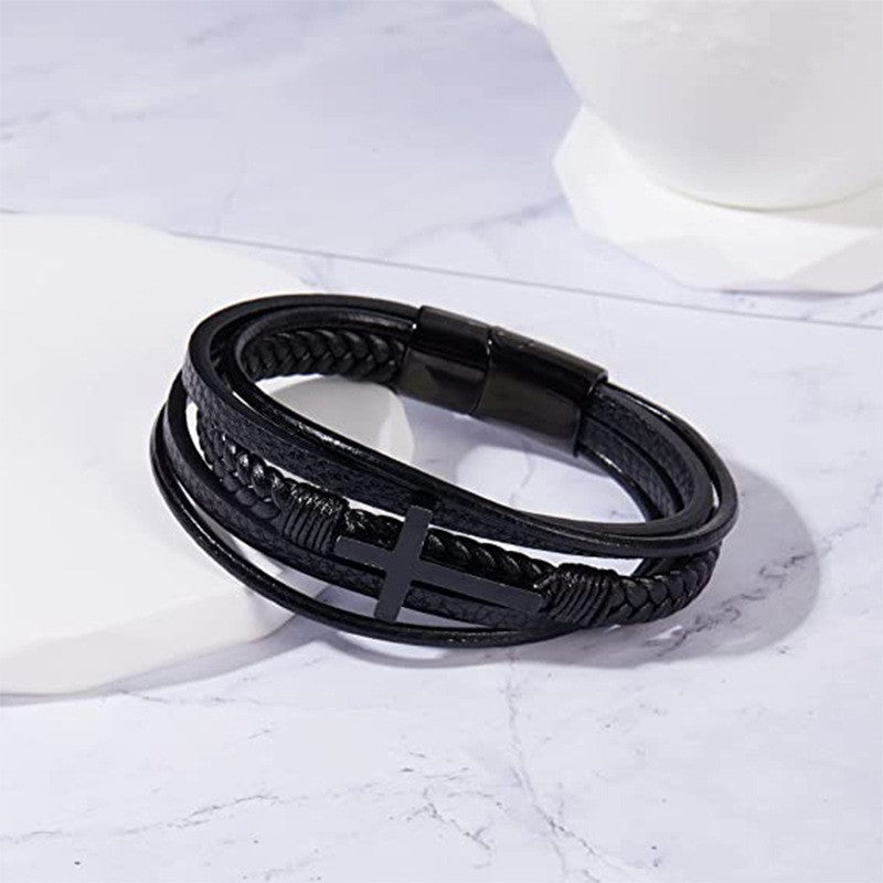 fashion cross rectangle stainless steel pu leather braid unisex bracelets