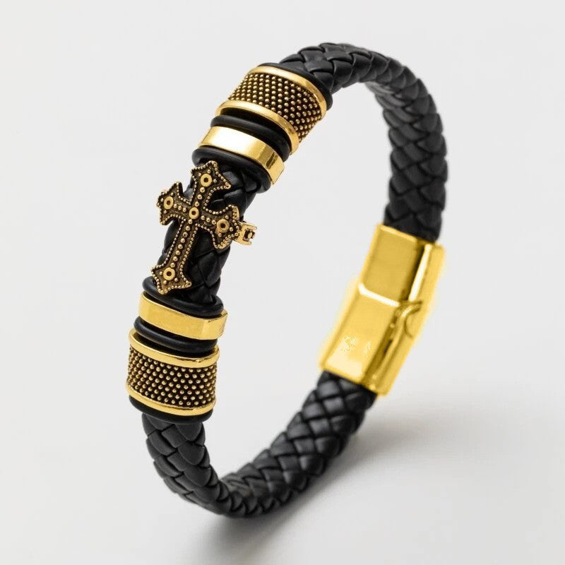 fashion cross rectangle stainless steel pu leather braid unisex bracelets