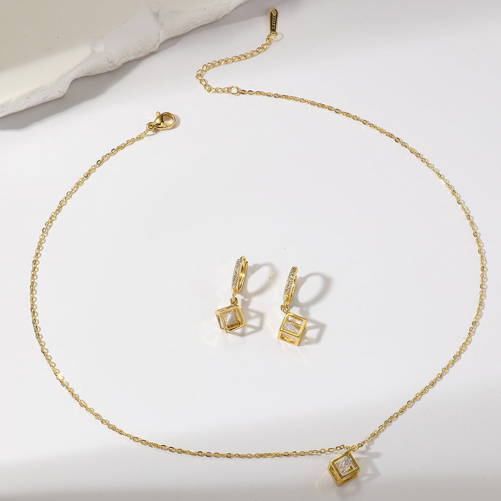 ig style simple style rubik's cube stainless steel plating inlay zircon gold plated jewelry set