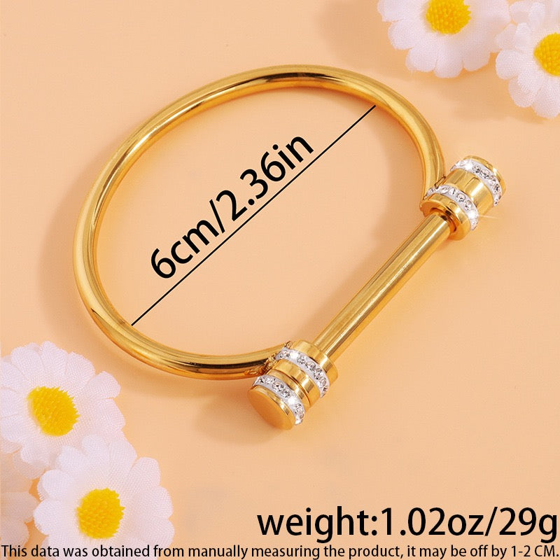 Roman Style Solid Color 304 Stainless Steel 18K Gold Plated Rhinestones Bangle In Bulk