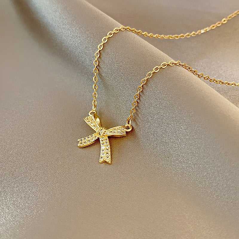 Titanium Steel Elegant Simple Style Heart Shape Butterfly Zircon Pendant Necklace