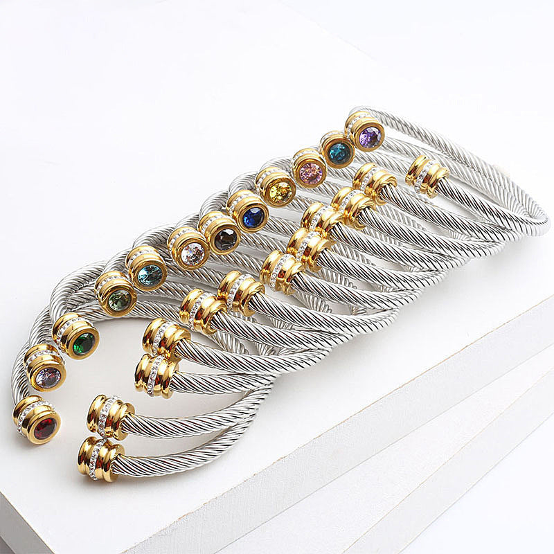 simple style solid color stainless steel inlay zircon cuff bracelets