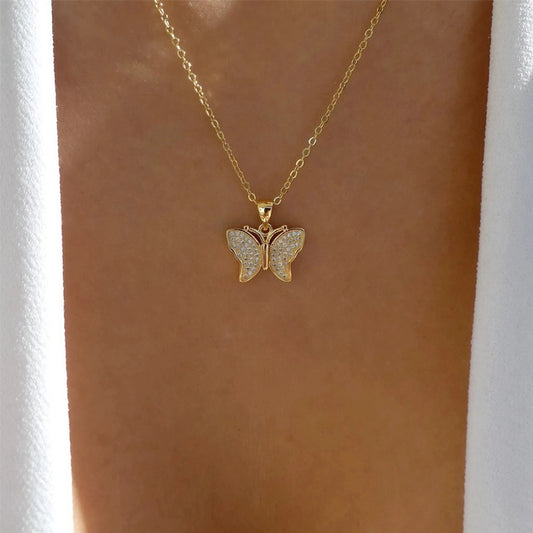 sweet animal butterfly zinc alloy inlay artificial rhinestones women's pendant necklace