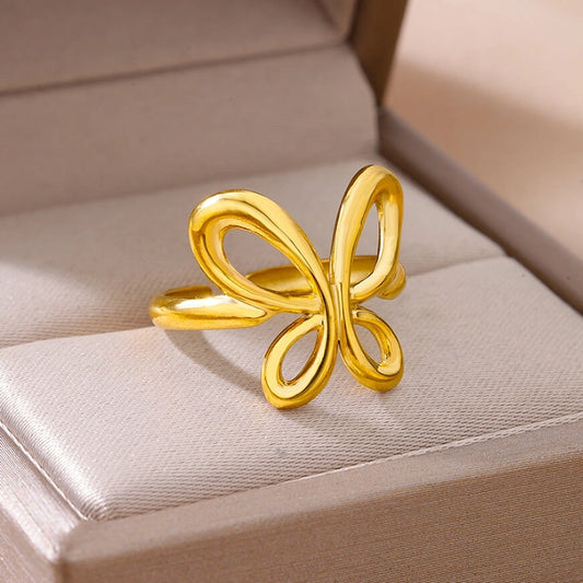 cute simple style butterfly stainless steel plating hollow out 18k gold plated open rings