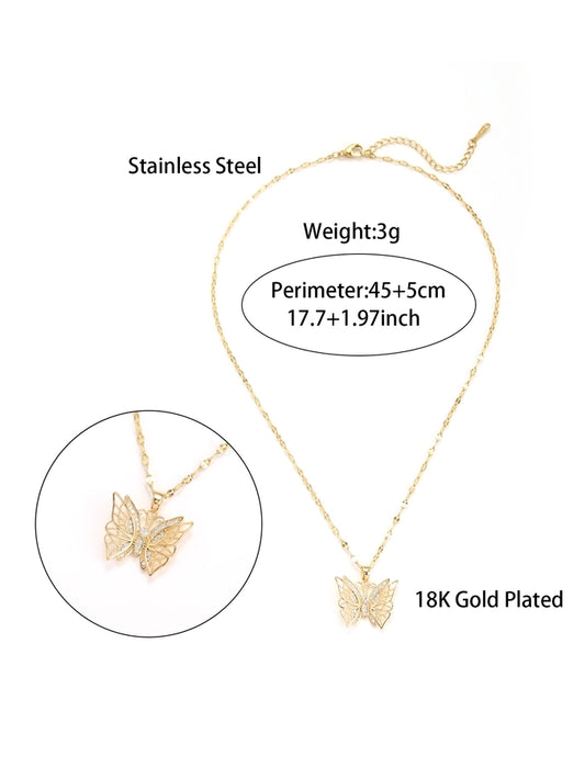 elegant butterfly stainless steel zircon 18k gold plated pendant necklace