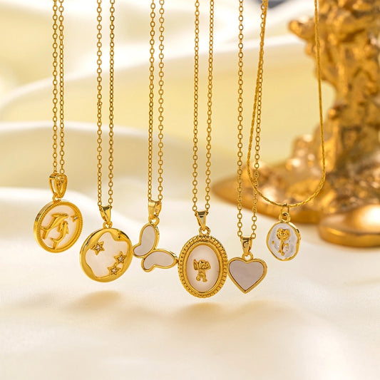304 Stainless Steel 18K Gold Plated Casual Simple Style Commute Inlay Dolphin Flower Butterfly Acrylic Artificial Rhinestones Pendant Necklace