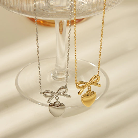 304 Stainless Steel 14K Gold Plated French Style Romantic Commute Heart Shape Bow Knot Pendant Necklace